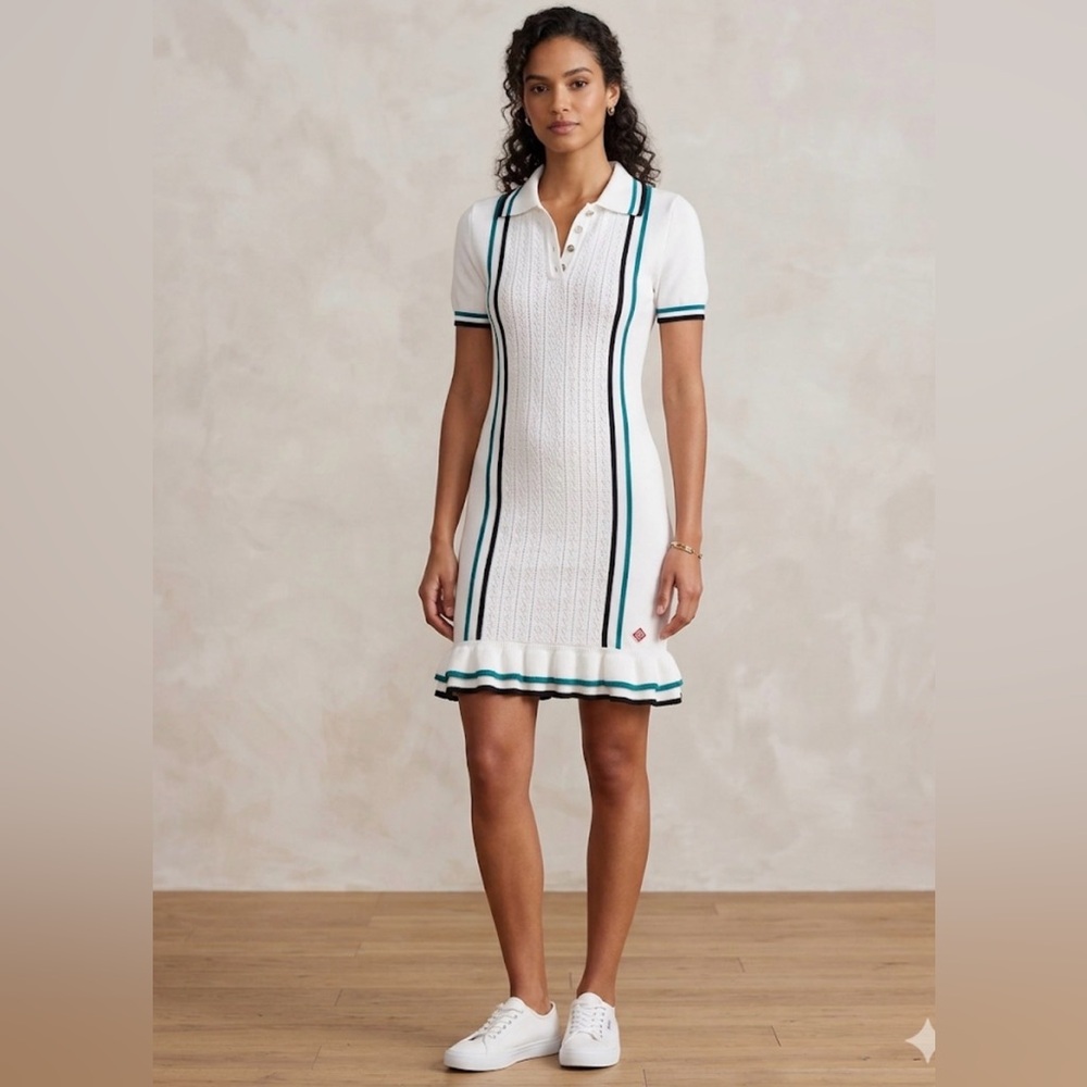 Women’s sport Style Knit Dress White Green Striped Collared Preppy Sporty Size L